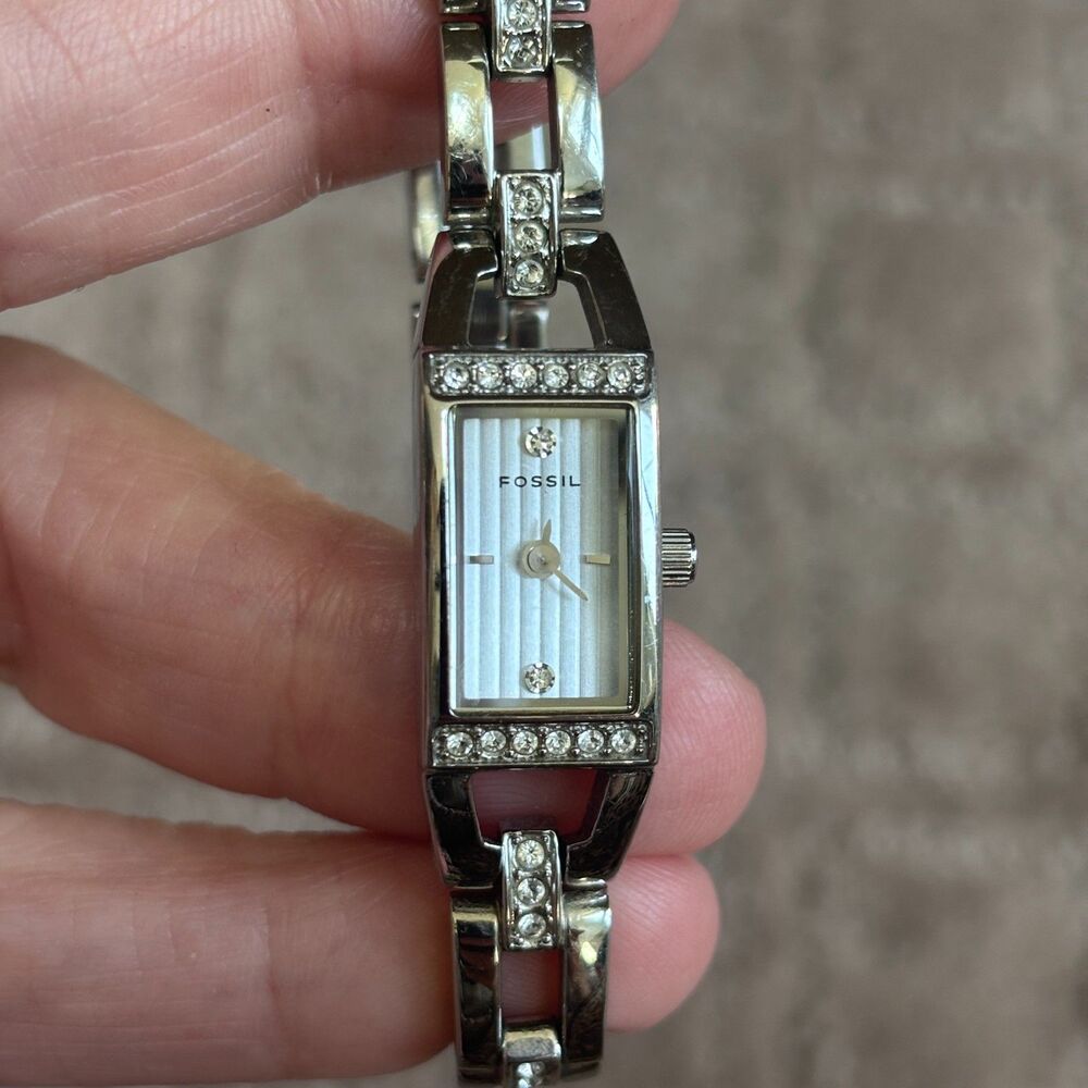 Fossil Silver Tone Stainless Steel White Face Watch Women Bling Adjustable